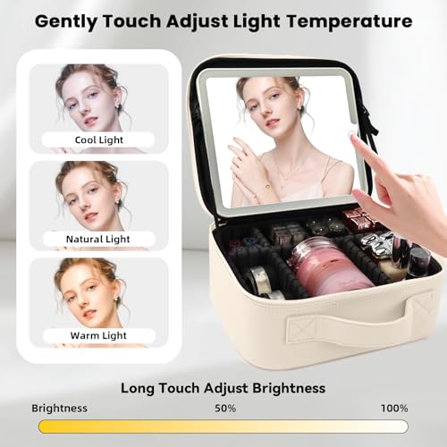 Travel Makeup Bag with LED Mirror and Light Makeup Travel Bag Organizer Portable Cosmetic Brush Organizer Bag with Adjustable Dividers for Cosmetics Makeup Brushes Toiletry