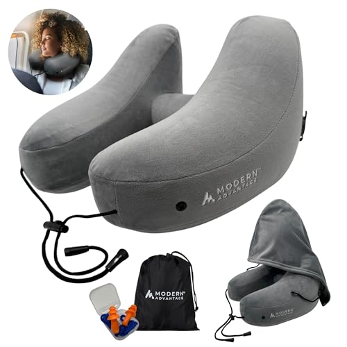 Inflatable Travel Pillow for Airplanes with Comfort Hood