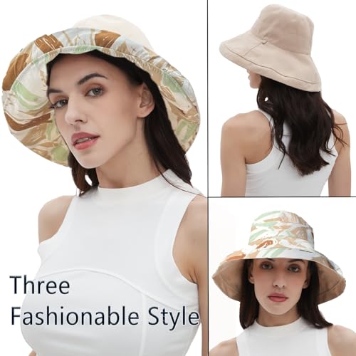 Womens Sun Hats Wide Brim Reversible Bucket Cotton Hat Packable Summer Travel Cap with Hat Clip