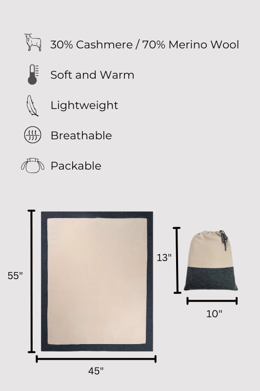 Cashmere Merino Travel Blanket & Pouch 55"x45" Pink & Gray