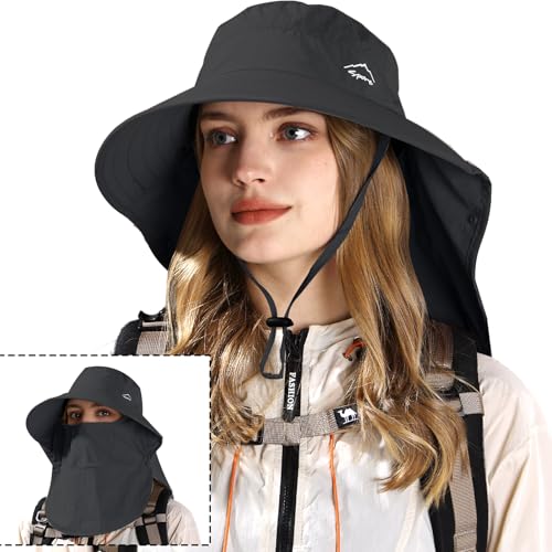 Sun Hat for Men Women with Neck Flap& Removable Face Cover Wide Brim
