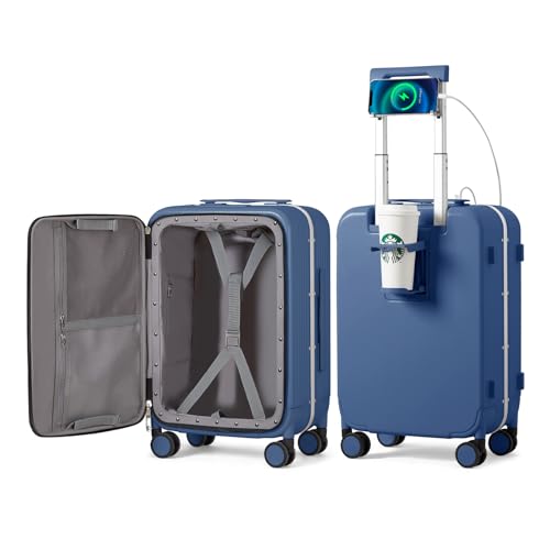 Carry On Luggage with Cup Phone Holder and Charger Hard Shell Suitcases with Spinner Wheels