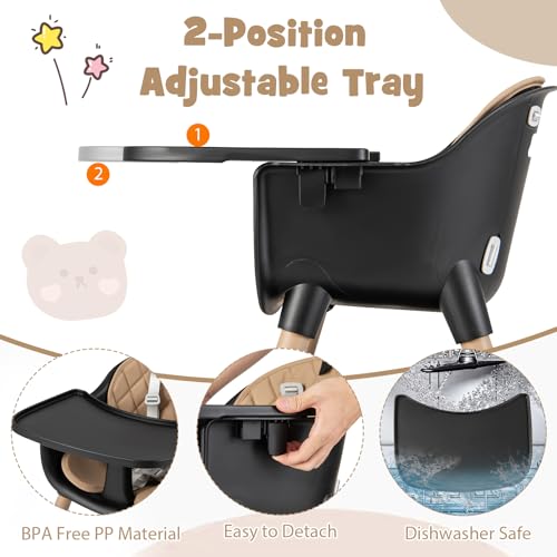 6-in-1 High Chair, Convertible Highchair for Babies and Toddlers/Kids Chair Table Set/Infant Feeding Chair w/Safety Harness, PU Leather Cushion & Removable Food Tray (Coffee)
