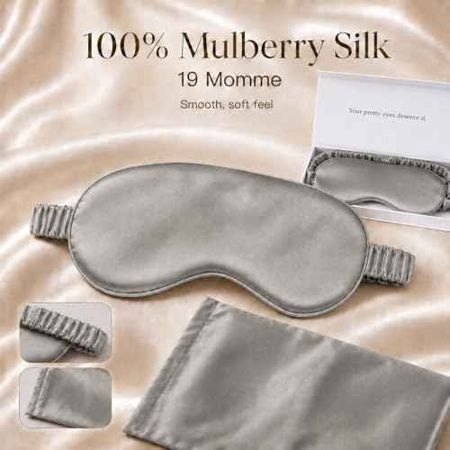 Silk Sleep Mask Light Blocking Luxury 100% Mulberry 19mm Silk Eye Mask Eye Cover Blindfold Ultra Soft Light & Comfy Anti Aging Skin Care with Travel Bag Gift Package