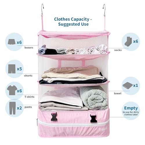 Stow-N-Go Hanging Travel Shelves, Packing Organizer for Luggage. Carry on Closet for Suitcase. Expandable Packing Cube. Travel Essentials. (Pink - XL, XL = (L) 17.7" x (W) 11.8")