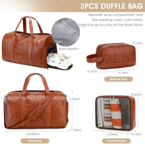 3PCS Faux Leather Weekender Bag for Women Men Travel Bag Overnight Bags (3 Count)