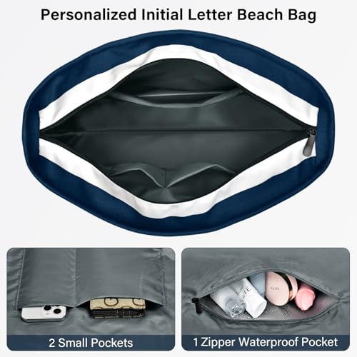 Beach Bag Initial Beach Tote with Makeup Bag for Travel Work Storage Personalized Birthday Gifts for Women Her