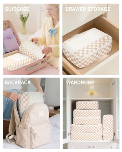 7 Set Checkered Packing Cubes for Travel Carry on Suitcase Luggage Organizer Bags for Kids Women Men