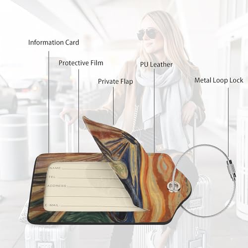 2 Pack Luggage Tags for suitcases Edvard Munch Scream TSA Approved Label Luggage Tag Baggage Tag Leather Stainless Steel Loop Label Tag for Men Women Travel Bag Suitcase (2 Count)