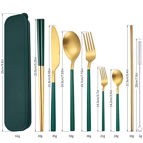 6 Pieces Stainless Steel Flatware Set Portable Reusable Cutlery Set Travel Utensils Set Including Chopsticks Knife Fork Spoon Straws Cleaning Brush Dishwasher Safe (8 Count)