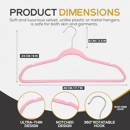 Premium Velvet Hangers 50 Pack Ultra Thin Non Slip Adult Felt Space Saving Suit Hanger for Closet Heavy Duty Coat Pants Jackets Dress Hangers 360° Swivel Hook Hold Upto 10 lbs Pink (50 Count)