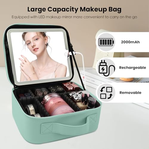Travel Makeup Bag with LED Mirror and Light Makeup Travel Bag Organizer Portable Cosmetic Brush Organizer Bag with Adjustable Dividers for Cosmetics Makeup Brushes Toiletry