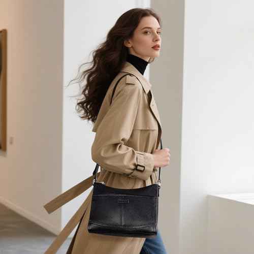 Black Genuine Leather Crossbody Bags for Women Travel Wallet Purse