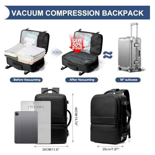Vacuum Backpack Travel with Pump Vacuum Travel Backpack Carry On Flight Approved Frontier Spirit Airlines Personal Item Bag 18x14x8 Compression Carry On Luggage for Women Men Black