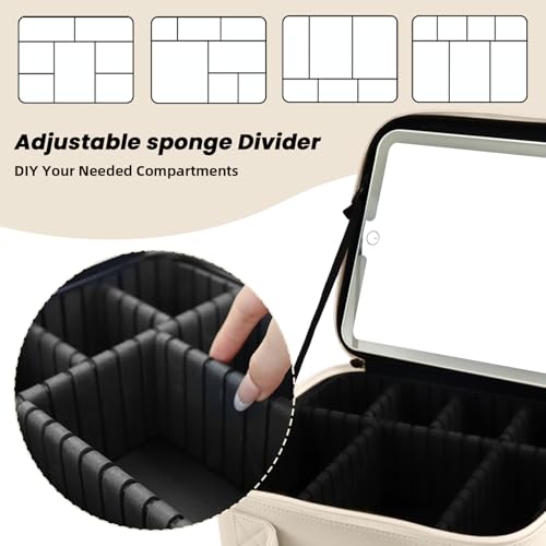 Travel Makeup Bag with LED Mirror and Light Makeup Travel Bag Organizer Portable Cosmetic Brush Organizer Bag with Adjustable Dividers for Cosmetics Makeup Brushes Toiletry