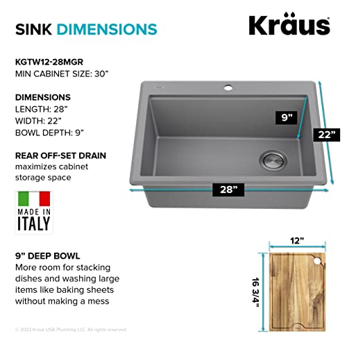 Bellucci 28 inch Granite Workstation Drop In Top Mount Single Bowl Kitchen Sink in Metallic Grey with Accessories