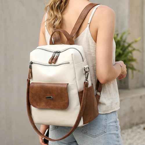 PU Leather Small Backpack Purse for Women Ladies White Brown