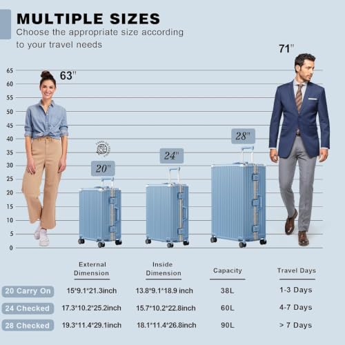 Carry On Luggage PC+ABS Aluminum Frame Zipperless Luggage Hard Shell Suitcase with TSA Lock Double Spinner Wheels 20 Inch Haze Blue