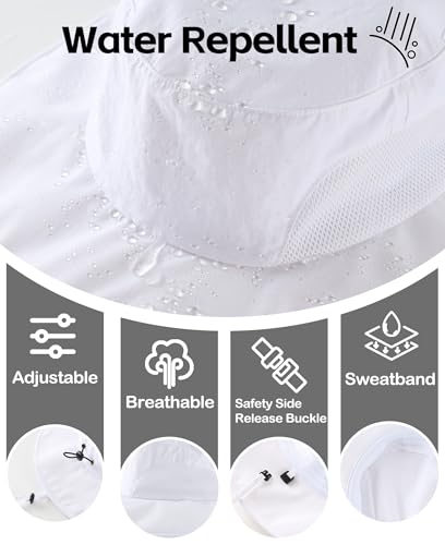UPF50+ Mens Sun Hat Wide Brim Fishing Hat Airy Mesh UV Protection Portable Bucket Sun Hat White