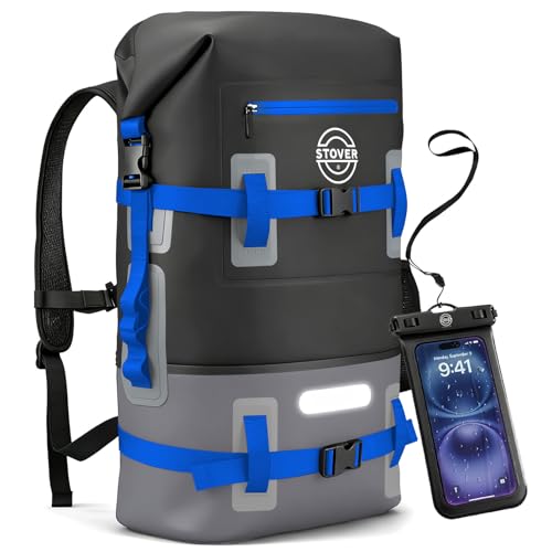 30/40/55L Waterproof Dry Backpack & Phone Case - Large Floating Dry Bag for Kayaking, Travel, Hiking, Fishing, Camping, Motorcycles & Beach, Heavy-Duty Roll Top Men/Women (Black/Grey/Blue)