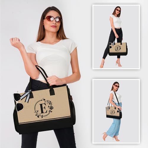 Personalized Initial Jute Tote Bag with 5 Pockets