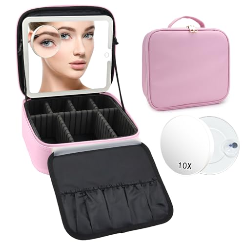 Travel Makeup Bag with LED Mirror and 10x magnifying glass with 3 Lighted Settings