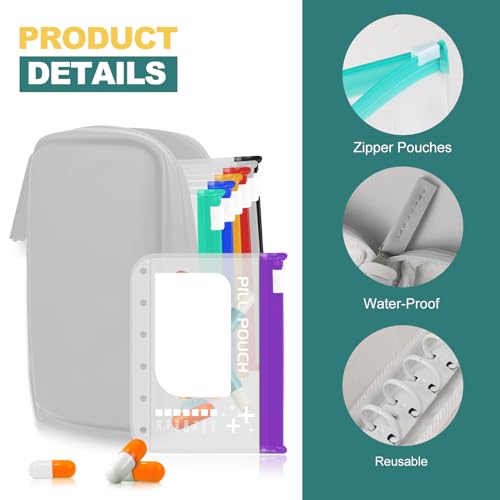 A7 Waterproof Pill Organizer with 7 PCS L Size Zippered Pill Pouches for A7 Binder (7 Count)