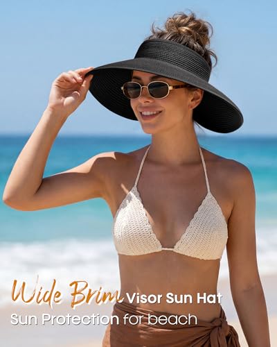Womens Sun Visor Hats Wide Brim Straw Beach Hat UV Protection Ponytail Packable Beach Vacation Essentials Black
