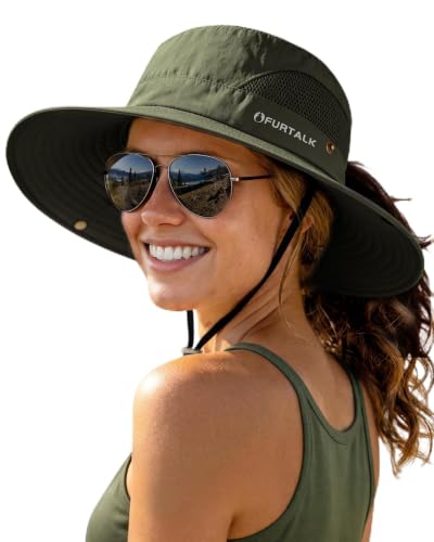 Womens Sun Hat with Ponytail Hole Beach Hiking Summer Wide Brim UPF 50+ Outdoor Protection Foldable Bucket Hat Green