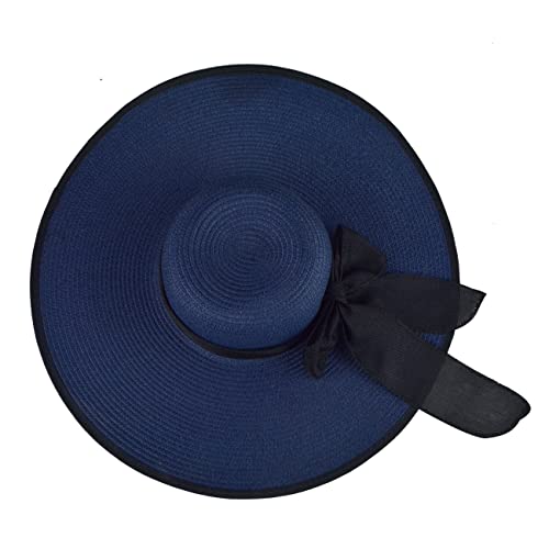 Womens Big Bowknot Straw Hat Floppy Foldable Roll up Beach Cap Sun Hat UPF 50+ ACA Navy