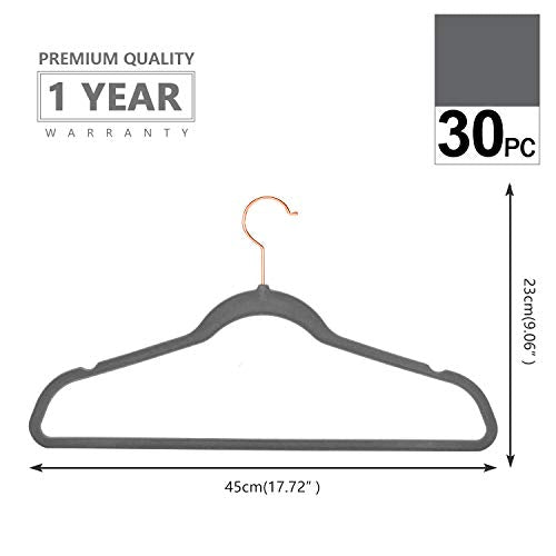 Gray Velvet Hangers 30 Pack Non Slip Heavy Duty Rose Gold Hooks (30 Count)