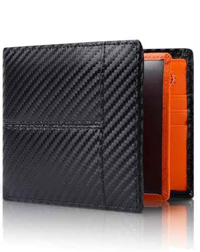 Wallet for Men RFID Blocking Genuine Leather Mens Wallets Bifold with 1 ID Window 15 Card Slots black stripe orange