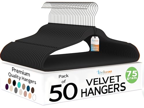 50 Pack New Premium Quality Velvet Hangers Ultra Thin Non Slip Adult Felt Space Saving Hangers for Closet Heavy Duty Coat Pants Jackets Dress Hangers 360° Swivel Hook Hold Upto 10 lbs Black (50 Count)