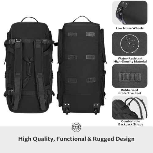 45/80/100L U-Zip Rolling Duffel Bag with Wheels, X-Large Durable Travel Duffle + Toiletry Bag, Lay-Flat Opening, Packable w/Shoulder Straps- Use as Luggage or Backpack, Men/Women (Black)