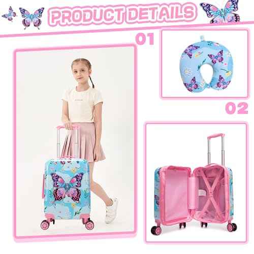 Kids Luggage Set 2 Pcs Carry On Rolling Suitcase with U shaped Pillow Butterfly Toddler Suitcase for Girls Hardside Luggage with Spinner Wheels Airline Approved (2 Count)