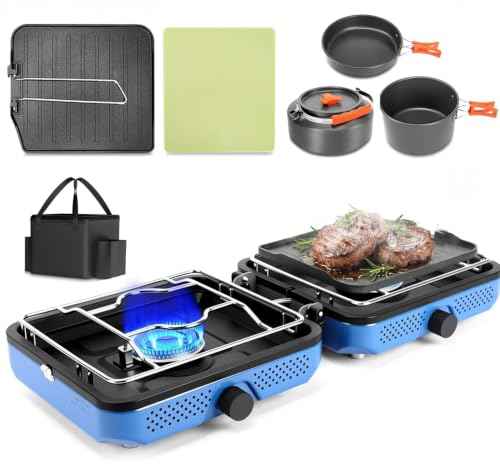Camping Stove 2 Burner Foldable Propane Camping Stove with Cookware