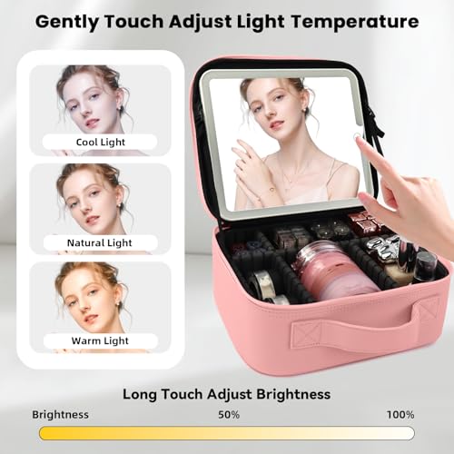 Travel Makeup Bag with LED Mirror Makeup Case with Light Up Mirror Portable Cosmetic Brush Organizer Bag with Adjustable Dividers for Cosmetics Makeup Brushes Toiletry