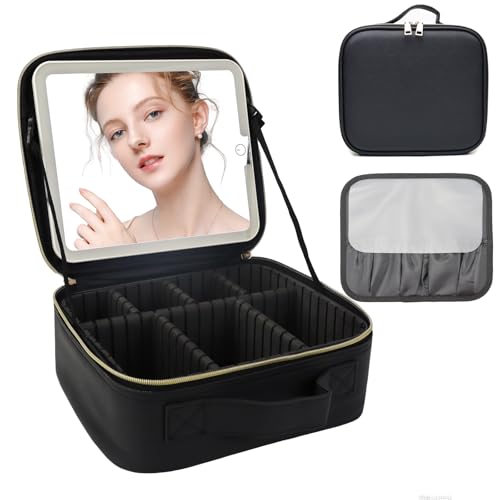 Travel Makeup Bag with LED Mirror and Light Travel Makeup Case Cosmetic Organizer Portable Cosmetic Brush Organizer Bag with Adjustable Dividers for Cosmetics Makeup Brushes Toiletry