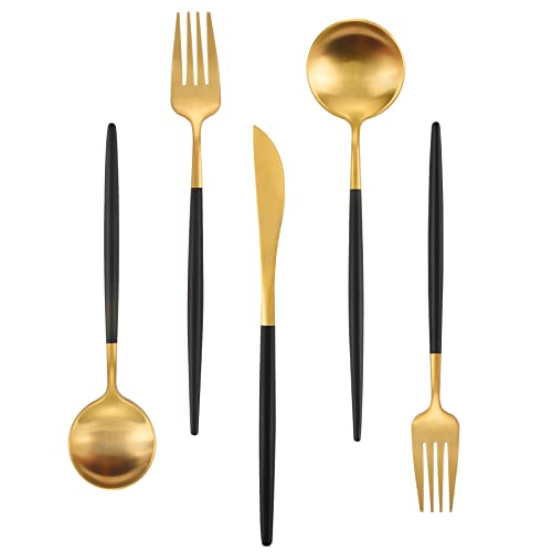 Matte Gold Silverware Set With Black Handle (8 Count)