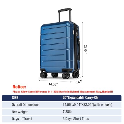 Carry On Luggage 22x14x9 Airline Approved Expandable Hardshell 20 Inch Luggage with TSA Lock Carry On Suitcase with Wheels Small Travel Rolling Luggage with Cup Holder for Women Men Lt Blue