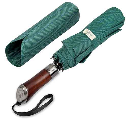 Folding Umbrella Lux Hardwood Handle Herringbone Jade Green