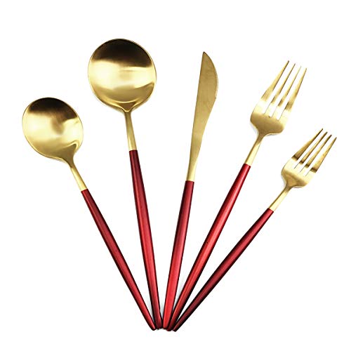 20-Piece 18/10 Stainless Steel Flatware Silverware, Luxury Dinnerware Set Travel Cutlery Tableware Include Knife Fork Spoon Service for 4, Dishwasher Safe (Red Handle Matte Gold) (4 Count)