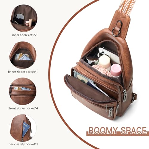 Sling Bag for Women Crossbody Bags Fanny Packs Over Shoulder Bag Sling Purse Backpack Vegan Leather Travel Handbag Purse Gifts Brown