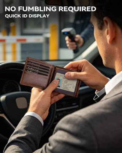 Wallet for Men RFID Blocking Genuine Leather Mens Wallets Bifold with 1 ID Window 15 Card Slots coffee brown