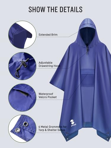 Extra Thick Hooded Rain Poncho Double Layer Waterproof Raincoat Jacket for Men Women Adults
