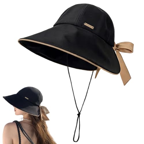 HUALBO Wide Brim Hats for Woman Foldable Hats Sun Hats for Women uv Protection Bowknot Bucket hat Adjustable hat with Ponytail Hole Black
