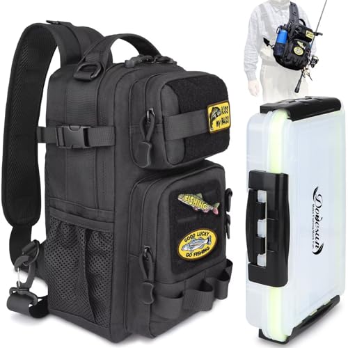 Small Fishing Backpack with Tackle Boxes Fishing Sling Bag DIY Embroidery Patches Tackle Bag Gift for Men Black