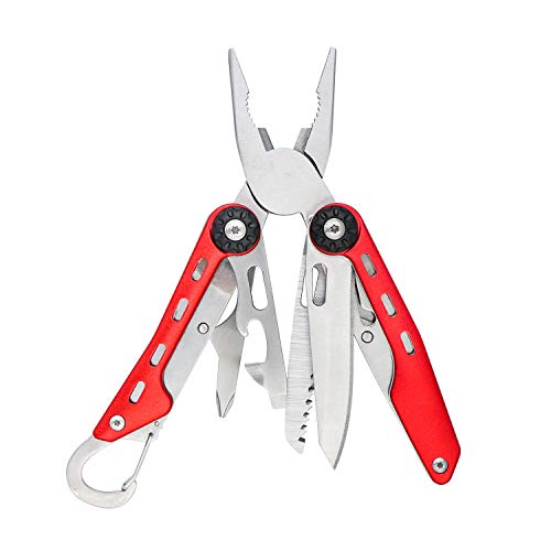10-in-1 Stainless Steel Multitool for Hiking and Survival Gear with Needlenose Pliers, Wire Cutter, Saw, Safety Lock, Nylon Sheath, Red