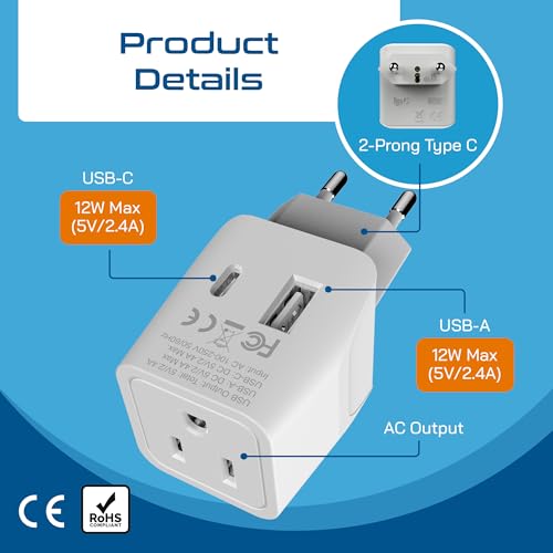 European Egypt Travel Adapter Plug with Dual USB (2 Count)