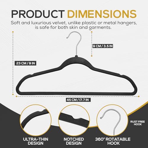 Premium Velvet Hangers 30 Pack Ultra Thin Non Slip Adult Felt Space Saving Suit Hanger for Closet Heavy Duty Coat Pants Jackets Dress Hangers 360° Swivel Hook Hold Upto 10 lbs Black (30 Count)
